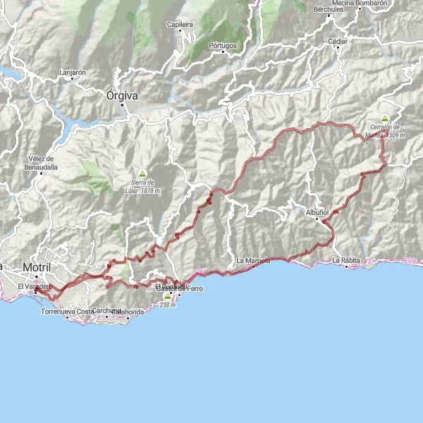 Miniaturní mapa "Gravel cyklotrasa od El Varadera" inspirace pro cyklisty v oblasti Andalucía, Spain. Vytvořeno pomocí plánovače tras Tarmacs.app