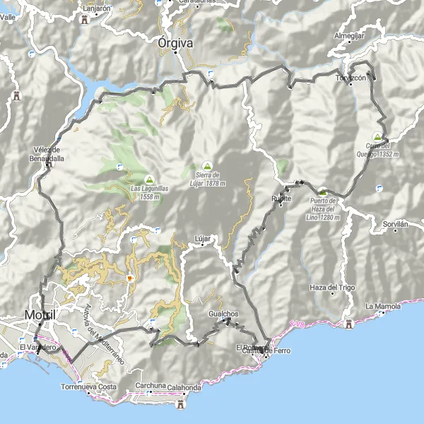 Miniatura della mappa di ispirazione al ciclismo "Avventura tra montagne e paesaggi" nella regione di Andalucía, Spain. Generata da Tarmacs.app, pianificatore di rotte ciclistiche