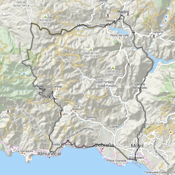 Miniatura mapy "Trasa szosowa w pobliżu El Varadero" - trasy rowerowej w Andalucía, Spain. Wygenerowane przez planer tras rowerowych Tarmacs.app