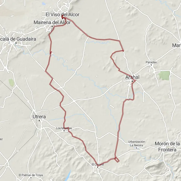 Miniature de la carte de l'inspiration cycliste "Route des Miradors de la Sierra" dans la Andalucía, Spain. Générée par le planificateur d'itinéraire cycliste Tarmacs.app