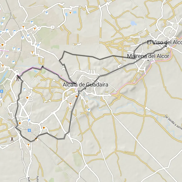 Miniature de la carte de l'inspiration cycliste "Circuit historique d'Alcalá de Guadaíra" dans la Andalucía, Spain. Générée par le planificateur d'itinéraire cycliste Tarmacs.app