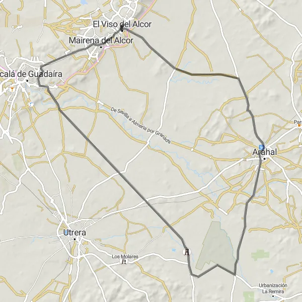 Map miniature of "Tour de El Viso del Alcor" cycling inspiration in Andalucía, Spain. Generated by Tarmacs.app cycling route planner