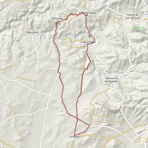 Miniatura della mappa di ispirazione al ciclismo "Esplorazione in bicicletta tra Cuevas Bajas e Benamejí" nella regione di Andalucía, Spain. Generata da Tarmacs.app, pianificatore di rotte ciclistiche