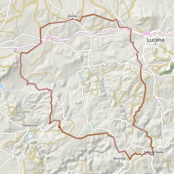 Map miniature of "Encinas Reales to Benamejí Adventure" cycling inspiration in Andalucía, Spain. Generated by Tarmacs.app cycling route planner