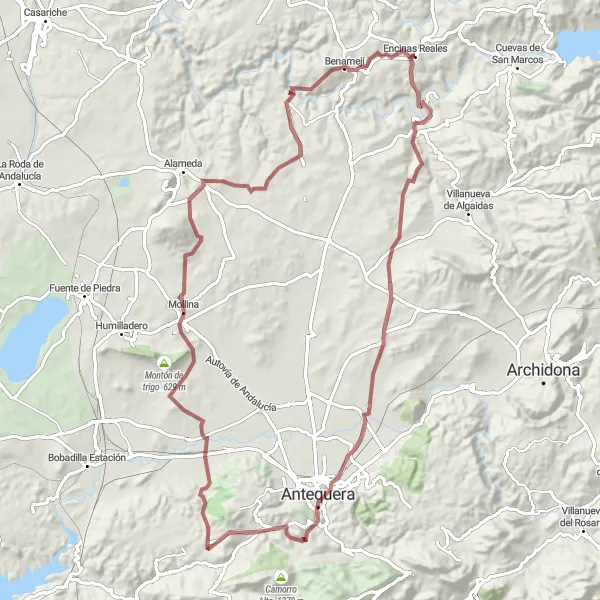 Map miniature of "Encinas Reales Gravel Adventure with Natural Wonders" cycling inspiration in Andalucía, Spain. Generated by Tarmacs.app cycling route planner