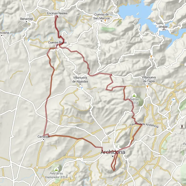 Miniaturní mapa "Gravelová trasa s výhledem na Encinas Reales" inspirace pro cyklisty v oblasti Andalucía, Spain. Vytvořeno pomocí plánovače tras Tarmacs.app
