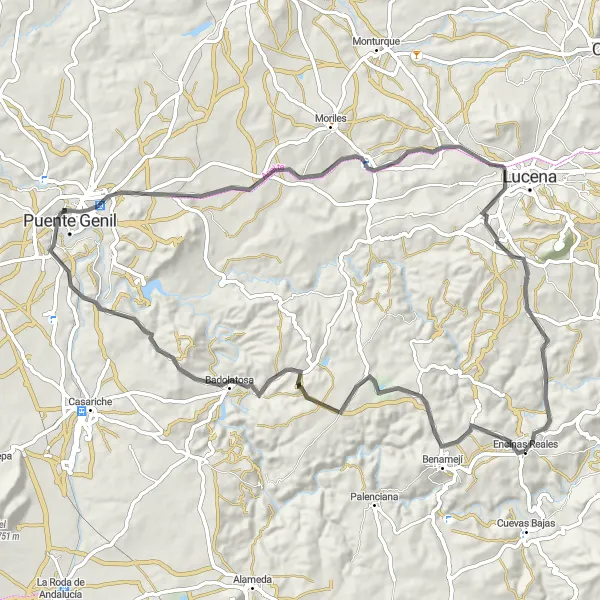 Miniatura della mappa di ispirazione al ciclismo "Esplora la campagna andalusa in bicicletta" nella regione di Andalucía, Spain. Generata da Tarmacs.app, pianificatore di rotte ciclistiche