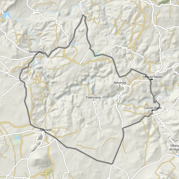 Miniatura della mappa di ispirazione al ciclismo "Itinerario ciclistico verso Cuevas Bajas e dintorni" nella regione di Andalucía, Spain. Generata da Tarmacs.app, pianificatore di rotte ciclistiche