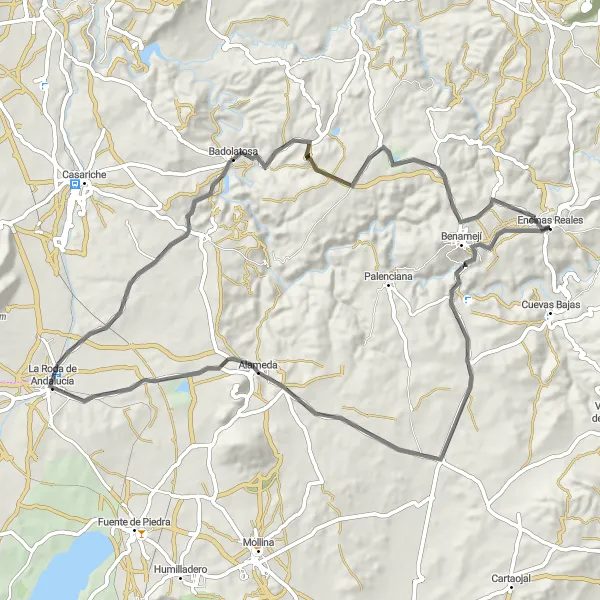 Miniatura della mappa di ispirazione al ciclismo "Cicloturismo stradale da Encinas Reales a Badolatosa" nella regione di Andalucía, Spain. Generata da Tarmacs.app, pianificatore di rotte ciclistiche