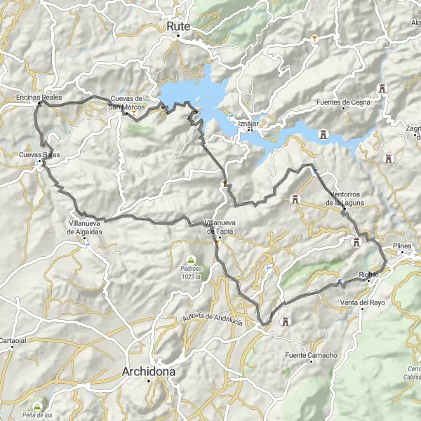Miniaturní mapa "Okružní cyklistická trasa kolem Encinas Reales" inspirace pro cyklisty v oblasti Andalucía, Spain. Vytvořeno pomocí plánovače tras Tarmacs.app