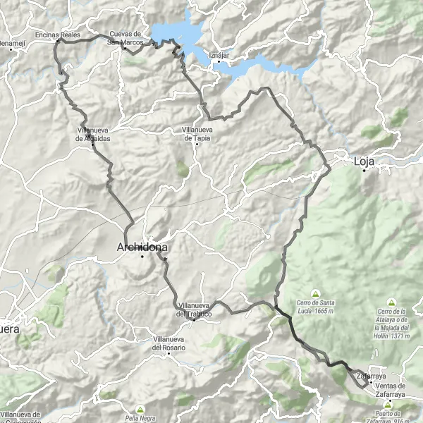 Miniatura della mappa di ispirazione al ciclismo "Giro in bicicletta tra Encinas Reales e Cuevas Bajas" nella regione di Andalucía, Spain. Generata da Tarmacs.app, pianificatore di rotte ciclistiche