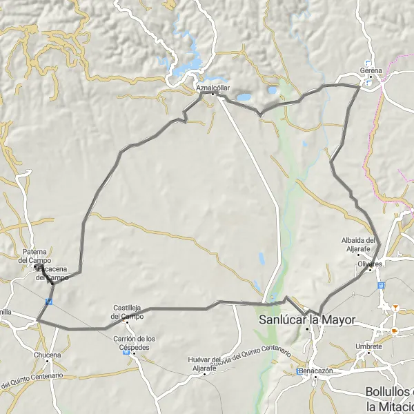 Miniatuurkaart van de fietsinspiratie "Ronde-fietsroute van Escacena del Campo naar Paterna del Campo" in Andalucía, Spain. Gemaakt door de Tarmacs.app fietsrouteplanner