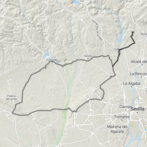 Miniatuurkaart van de fietsinspiratie "Fietsroute langs Aldea de Tejada, Aznalcóllar en Sanlúcar la Mayor" in Andalucía, Spain. Gemaakt door de Tarmacs.app fietsrouteplanner