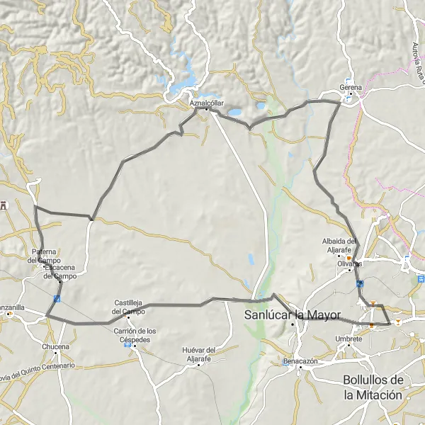 Miniature de la carte de l'inspiration cycliste "Exploration en Route d'Espartinas à Villanueva del Ariscal" dans la Andalucía, Spain. Générée par le planificateur d'itinéraire cycliste Tarmacs.app