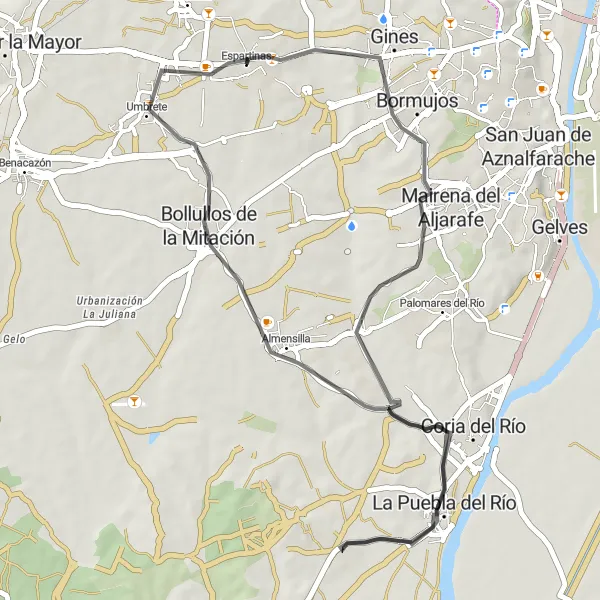Miniature de la carte de l'inspiration cycliste "Route Routière à Gines et La Puebla del Río" dans la Andalucía, Spain. Générée par le planificateur d'itinéraire cycliste Tarmacs.app