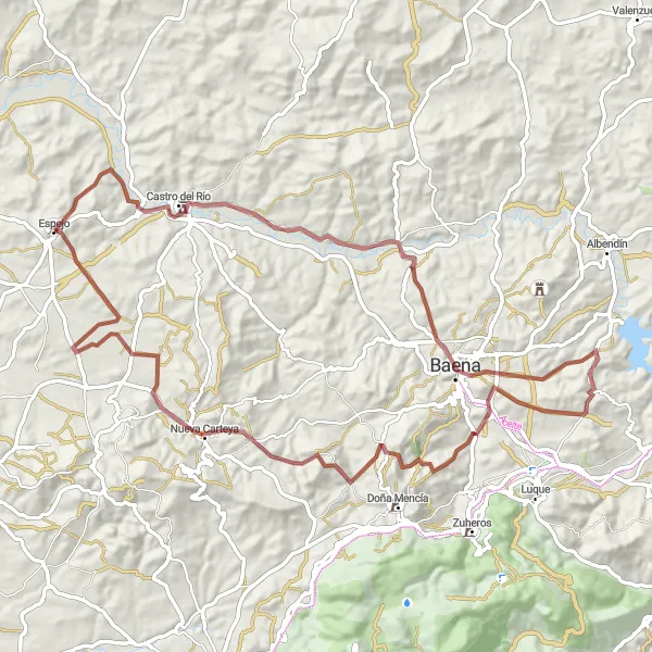 Miniature de la carte de l'inspiration cycliste "Exploration Gravel à Espejo" dans la Andalucía, Spain. Générée par le planificateur d'itinéraire cycliste Tarmacs.app