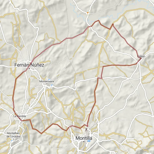 Map miniature of "Gravel Adventure near Espejo" cycling inspiration in Andalucía, Spain. Generated by Tarmacs.app cycling route planner