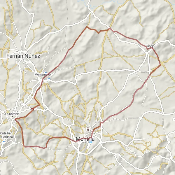 Miniature de la carte de l'inspiration cycliste "Boucle Gravel Autour d'Espejo" dans la Andalucía, Spain. Générée par le planificateur d'itinéraire cycliste Tarmacs.app