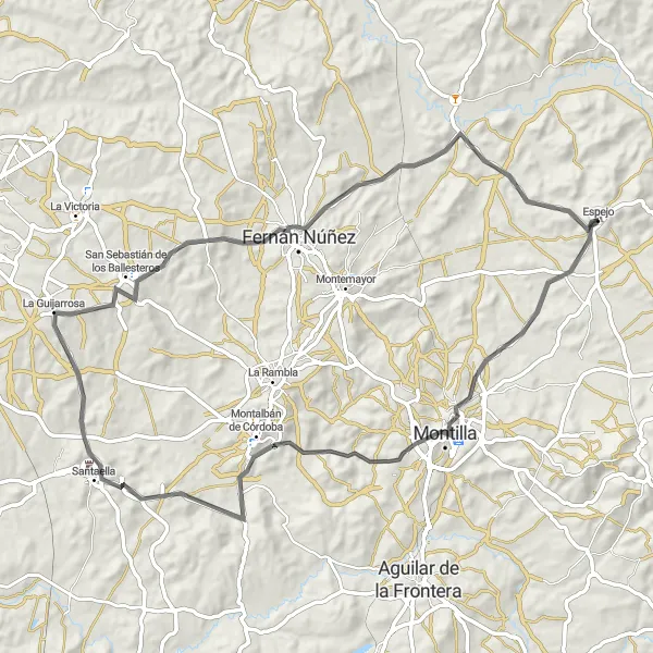 Miniature de la carte de l'inspiration cycliste "Route en Route Près d'Espejo" dans la Andalucía, Spain. Générée par le planificateur d'itinéraire cycliste Tarmacs.app