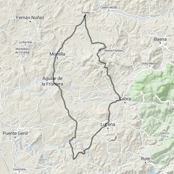 Miniature de la carte de l'inspiration cycliste "Défi Montagneux Près d'Espejo" dans la Andalucía, Spain. Générée par le planificateur d'itinéraire cycliste Tarmacs.app