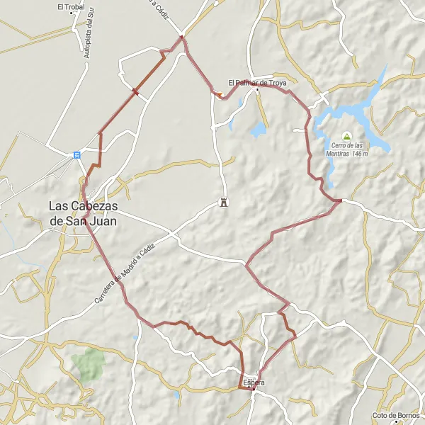 Map miniature of "Espera Gravel Loop" cycling inspiration in Andalucía, Spain. Generated by Tarmacs.app cycling route planner