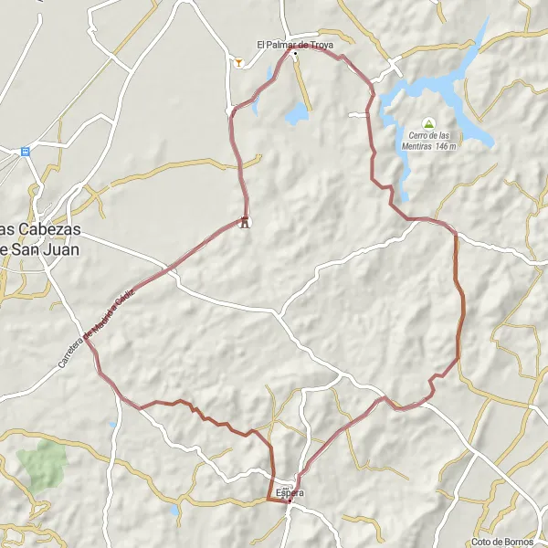 Miniatuurkaart van de fietsinspiratie "De Ronde van El Palmar de Troya" in Andalucía, Spain. Gemaakt door de Tarmacs.app fietsrouteplanner