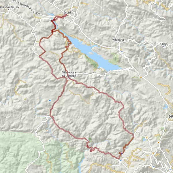 Miniaturní mapa "Gravel cyklotrasa kolem Espielu a okolí" inspirace pro cyklisty v oblasti Andalucía, Spain. Vytvořeno pomocí plánovače tras Tarmacs.app