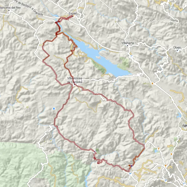 Miniatuurkaart van de fietsinspiratie "Gravelroute van Espiel naar Villaviciosa de Córdoba" in Andalucía, Spain. Gemaakt door de Tarmacs.app fietsrouteplanner