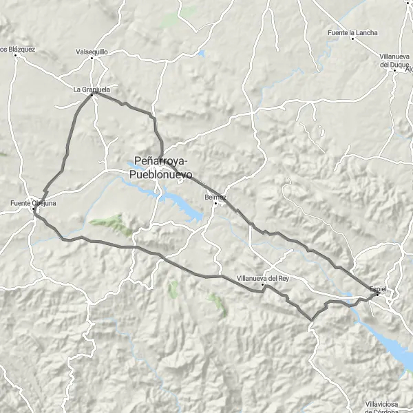 Miniatura della mappa di ispirazione al ciclismo "Giro in bicicletta da Espiel a Villanueva del Rey" nella regione di Andalucía, Spain. Generata da Tarmacs.app, pianificatore di rotte ciclistiche