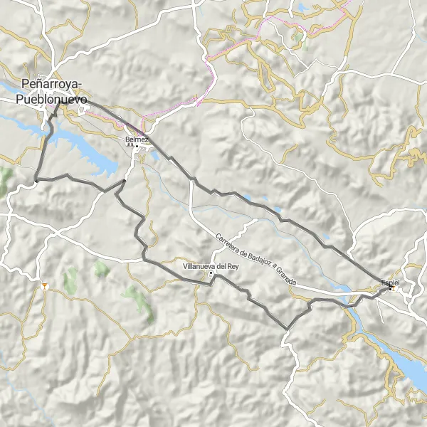 Miniatura della mappa di ispirazione al ciclismo "Avventuroso giro in bicicletta verso Peñarroya-Pueblonuevo" nella regione di Andalucía, Spain. Generata da Tarmacs.app, pianificatore di rotte ciclistiche