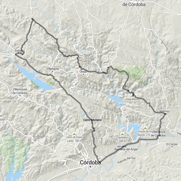 Map miniature of "The Sierra de Córdoba Challenge" cycling inspiration in Andalucía, Spain. Generated by Tarmacs.app cycling route planner