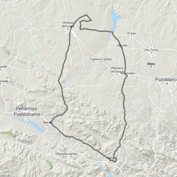 Miniatua del mapa de inspiración ciclista "Ruta de Carretera a Hinojosa del Duque" en Andalucía, Spain. Generado por Tarmacs.app planificador de rutas ciclistas