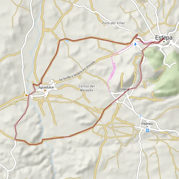 Map miniature of "Gravel Circular Route: Estepa to Gilena" cycling inspiration in Andalucía, Spain. Generated by Tarmacs.app cycling route planner