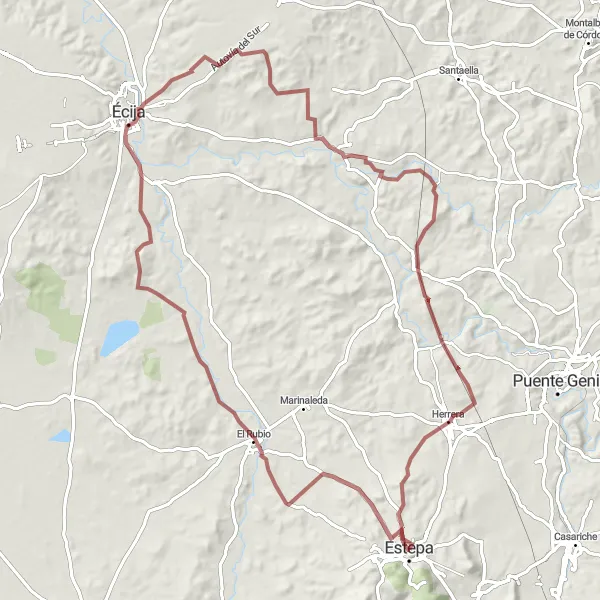 Map miniature of "Gravel Circular Route: Estepa to El Rubio" cycling inspiration in Andalucía, Spain. Generated by Tarmacs.app cycling route planner