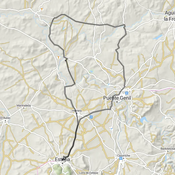 Miniatura della mappa di ispirazione al ciclismo "Giro in bicicletta di 76 km da Estepa" nella regione di Andalucía, Spain. Generata da Tarmacs.app, pianificatore di rotte ciclistiche