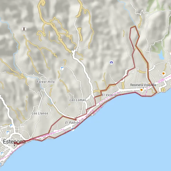 Miniature de la carte de l'inspiration cycliste "Escapade Gravel à Estepona" dans la Andalucía, Spain. Générée par le planificateur d'itinéraire cycliste Tarmacs.app
