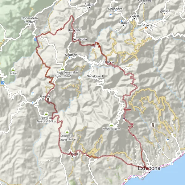 Map miniature of "The Gravel Adventure in the Mountains" cycling inspiration in Andalucía, Spain. Generated by Tarmacs.app cycling route planner