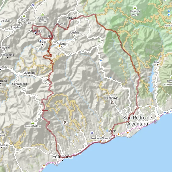 Miniatura della mappa di ispirazione al ciclismo "Il Giro delle Montagne Bianche" nella regione di Andalucía, Spain. Generata da Tarmacs.app, pianificatore di rotte ciclistiche