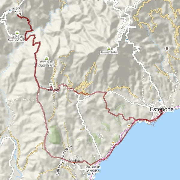 Miniatuurkaart van de fietsinspiratie "Gravelavonturen aan de kust van Estepona" in Andalucía, Spain. Gemaakt door de Tarmacs.app fietsrouteplanner