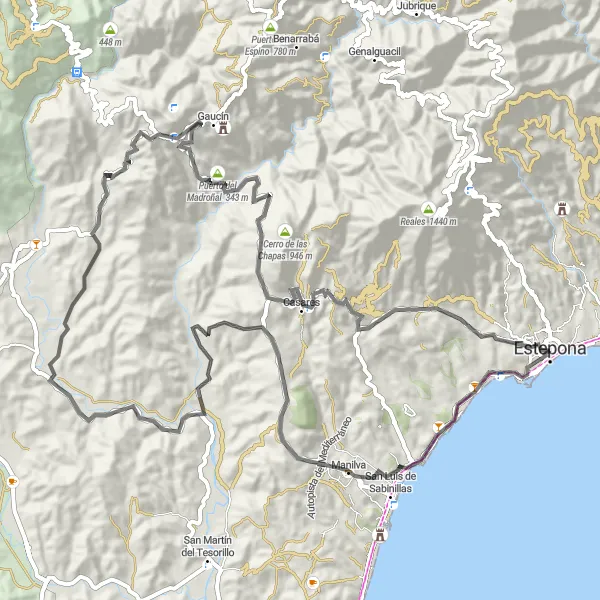 Miniatura della mappa di ispirazione al ciclismo "Sfida su strada verso la bellezza andalusa" nella regione di Andalucía, Spain. Generata da Tarmacs.app, pianificatore di rotte ciclistiche