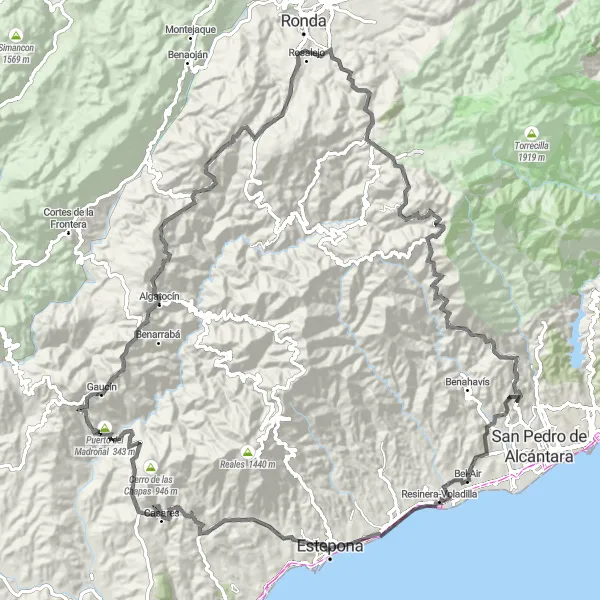 Miniatura della mappa di ispirazione al ciclismo "Rotta delle Cime" nella regione di Andalucía, Spain. Generata da Tarmacs.app, pianificatore di rotte ciclistiche