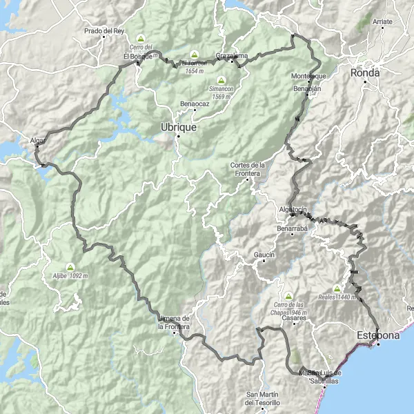 Map miniature of "The Mountainous Estepona Challenge" cycling inspiration in Andalucía, Spain. Generated by Tarmacs.app cycling route planner