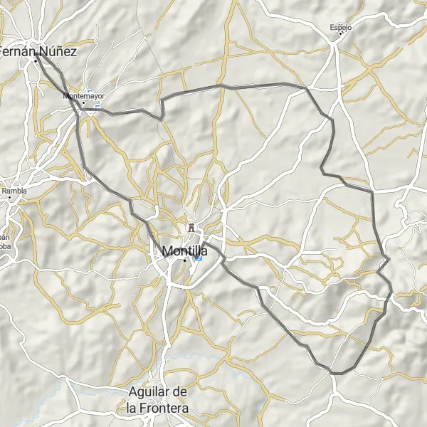 Map miniature of "Fernán Núñez - Montilla Loop" cycling inspiration in Andalucía, Spain. Generated by Tarmacs.app cycling route planner