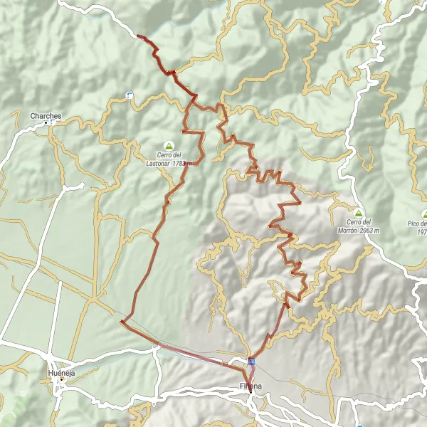 Miniatua del mapa de inspiración ciclista "Ruta de Grava a La Huertezuela" en Andalucía, Spain. Generado por Tarmacs.app planificador de rutas ciclistas