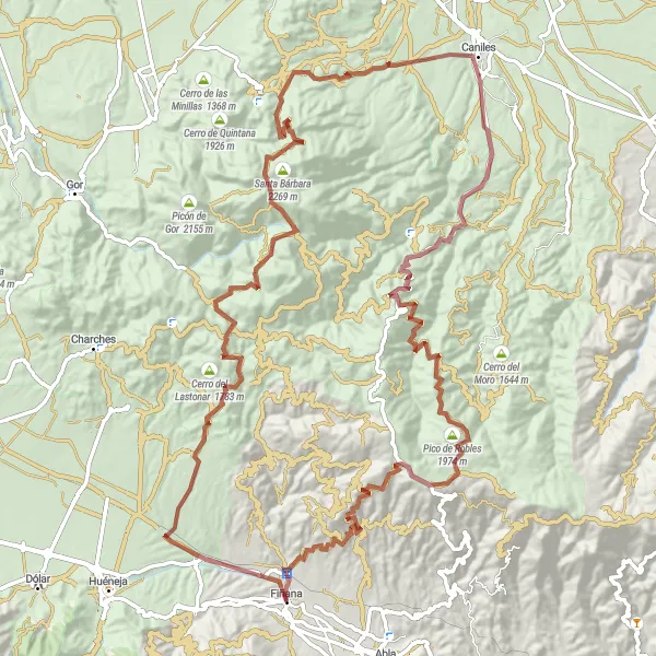 Map miniature of "Fiñana Gravel Adventure via La Huertezuela and Caniles" cycling inspiration in Andalucía, Spain. Generated by Tarmacs.app cycling route planner