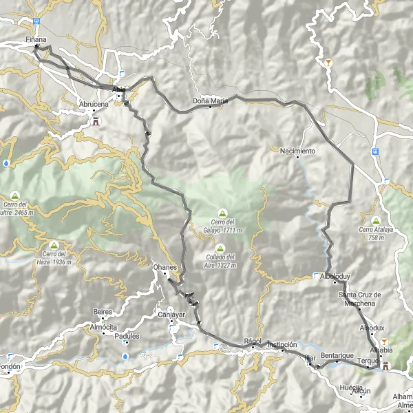 Map miniature of "Fiñana Road Exploration via Santa Cruz de Marchena and Doña María" cycling inspiration in Andalucía, Spain. Generated by Tarmacs.app cycling route planner