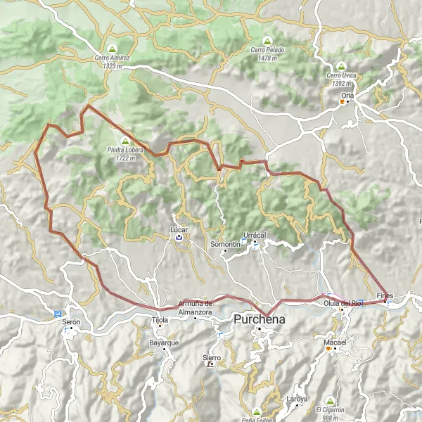 Miniatua del mapa de inspiración ciclista "Ruta de Grava desde Fines a Olula del Río, Tíjola y Piedra Lobera" en Andalucía, Spain. Generado por Tarmacs.app planificador de rutas ciclistas