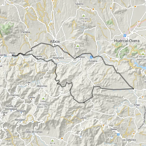 Miniatua del mapa de inspiración ciclista "Ruta de Carretera desde Fines a Fines, Albox y Arboleas" en Andalucía, Spain. Generado por Tarmacs.app planificador de rutas ciclistas