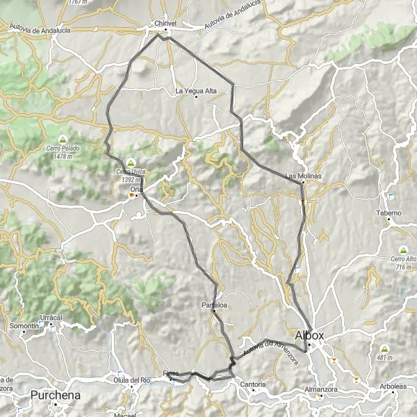 Map miniature of "Fines Loop via Partaloa, Oria, and El Roquez" cycling inspiration in Andalucía, Spain. Generated by Tarmacs.app cycling route planner