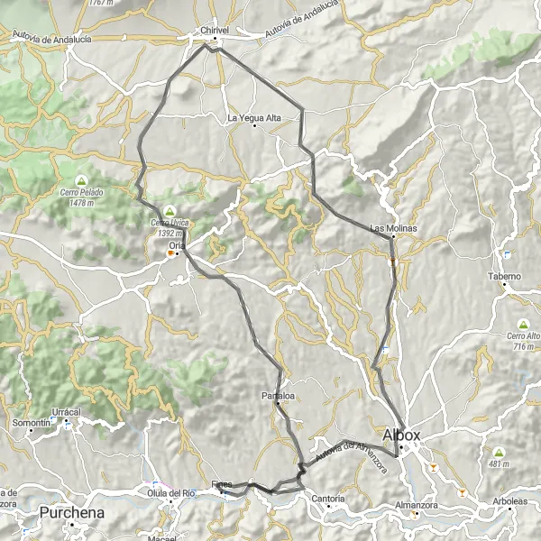 Miniaturekort af cykelinspirationen "Landevejscykelrute gennem Partaloa, Oria, El Roquez, Albox og Fines" i Andalucía, Spain. Genereret af Tarmacs.app cykelruteplanlægger